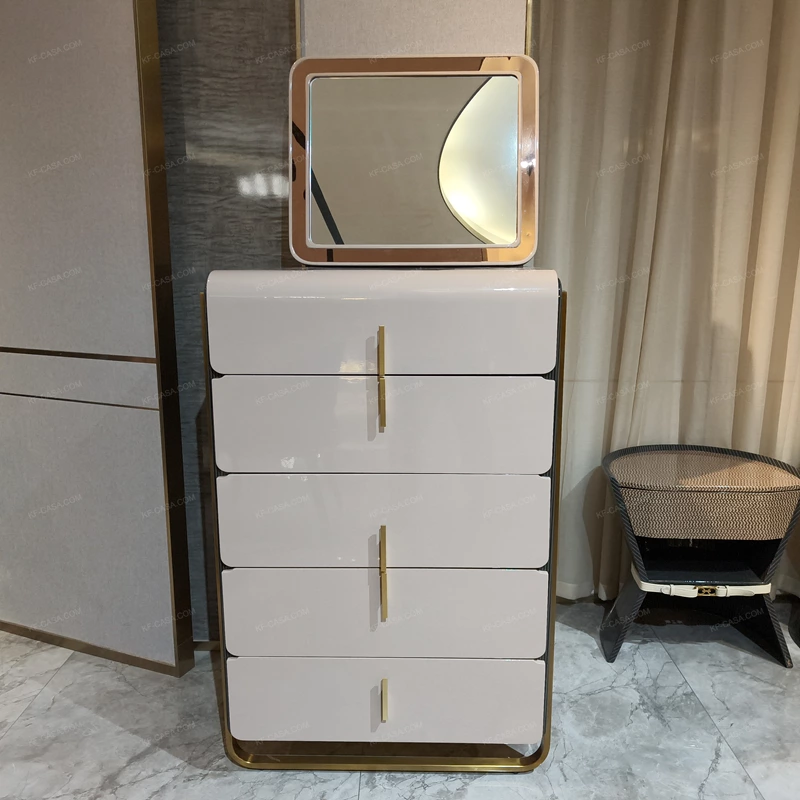 High-Gloss Cream Tall Sideboard Cabinet with Five Rounded Drawers Gold-Tone Stainless Steel Frame and Ribbed Side Panels